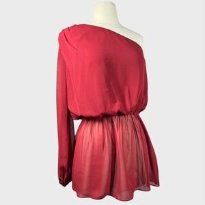 Y2K Dark Red One Shoulder Top - Sheer Sleeves Size Small Bisou Bisou